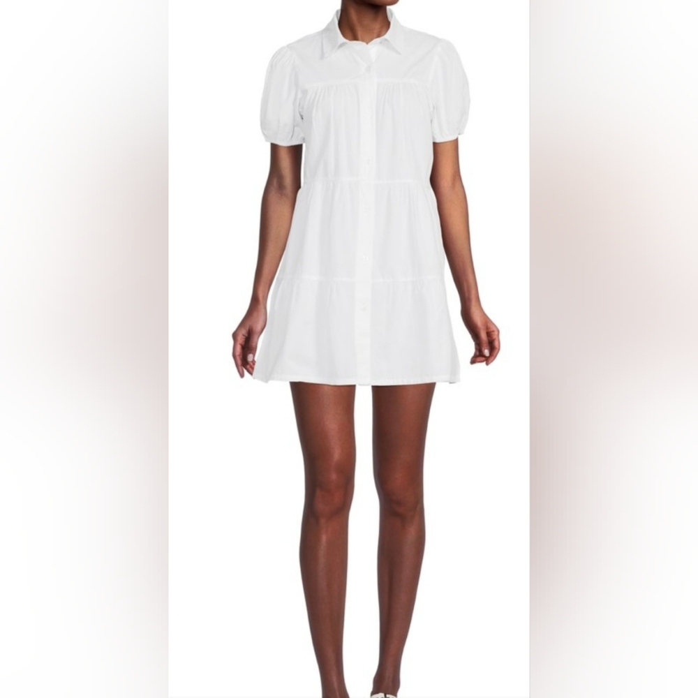 EUC Derek Heart Mini White Puff Sleeve Summer Cotton Tired Button Up Shirt Dress